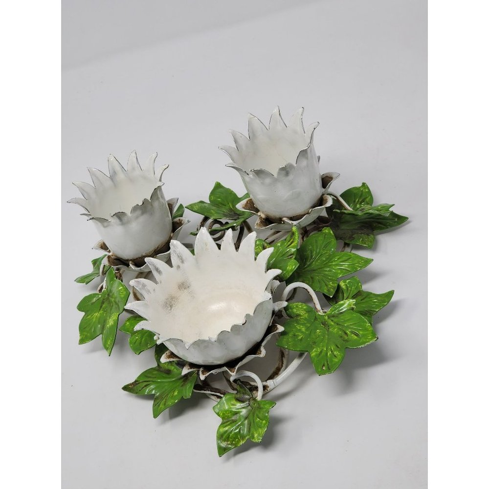 Vintage Painted Metal Flower And Leaves Metal Candle Holder
